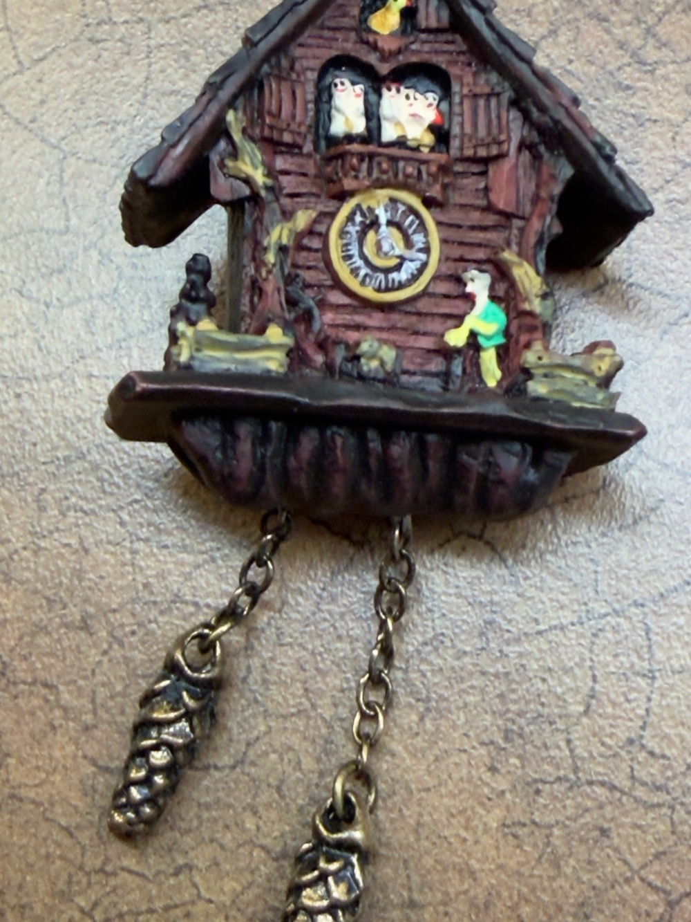 Miniature Brown Cuckoo Wall brooch with Yellow Accents